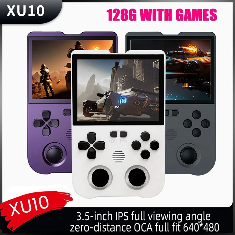 XU10 Game Console 3.5 Inch IPS Screen 128G Arcade Retro Dual Joystick 3D Game Player RK3326S 64Bit 3000Mah Purple Durable