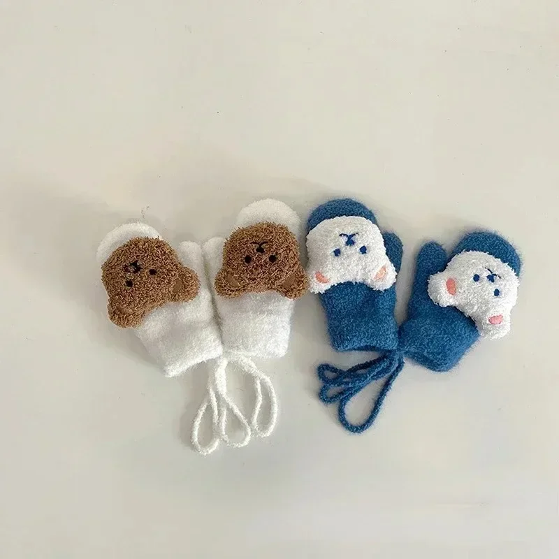 1-12 Years Children's Gloves Winter Bear Boys and Girls Plush Thickened Warm Finger-hung Neck Baby Gloves Neck Hanging winter gloves