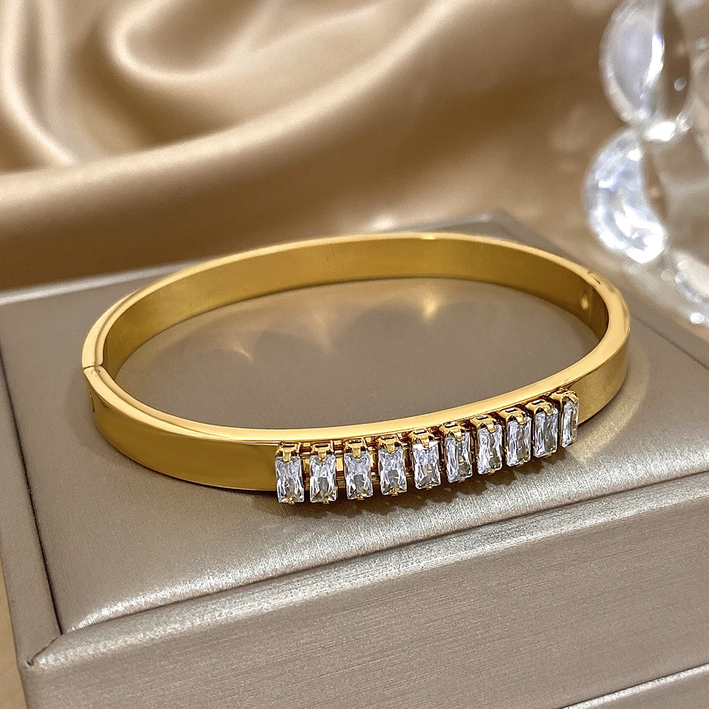 Gorgeous Green Zircon Stainless Steel Bracelet Geometric Thin Bangle for Women Wedding Birthday Party Waterproof Cuff Jewelry 5