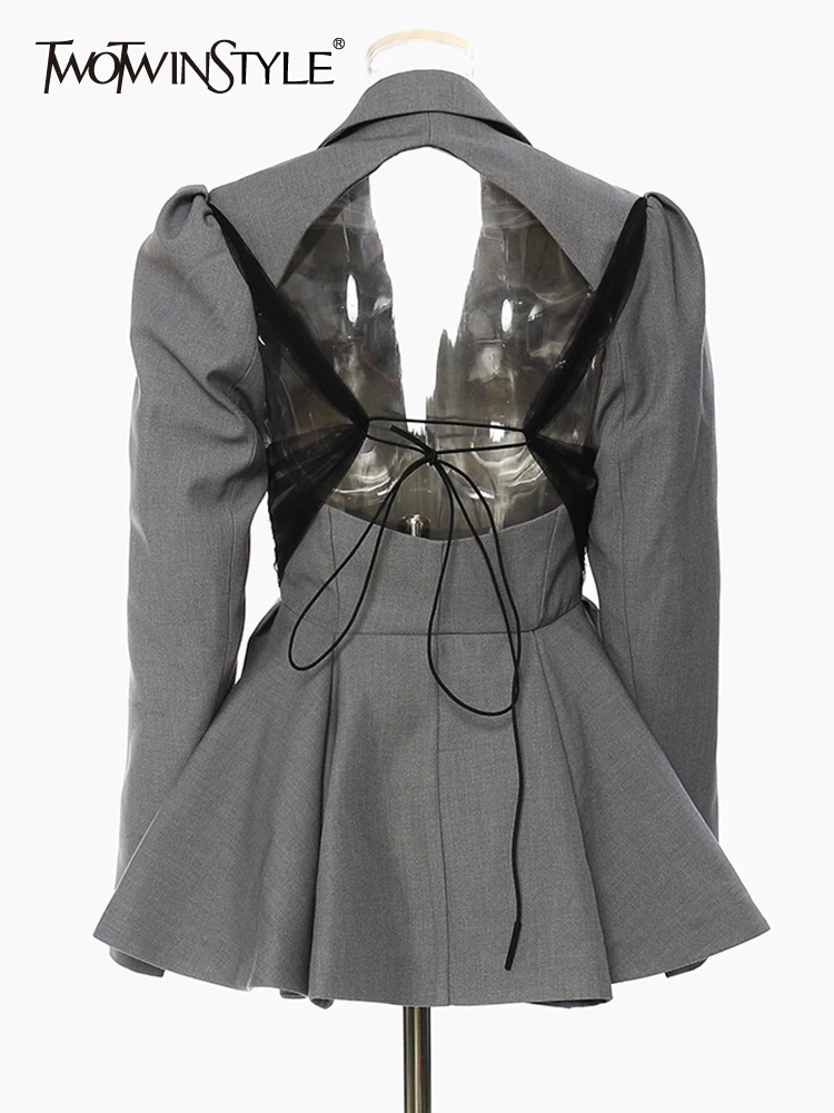 

TWOTWINSTYLE Backless Casual Blazers For Women Notched Collar Long Sleeve Tunic Patchwork Folds Blazer Female Fashion Clothing