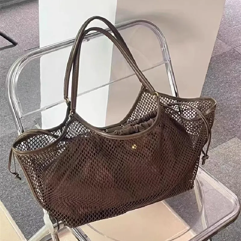 Women Large Capacity Mesh Beach Travel Shoulder Bag Casual Shopper Totes Beach Storage Tote Bag Ladies Handbag Net Bag