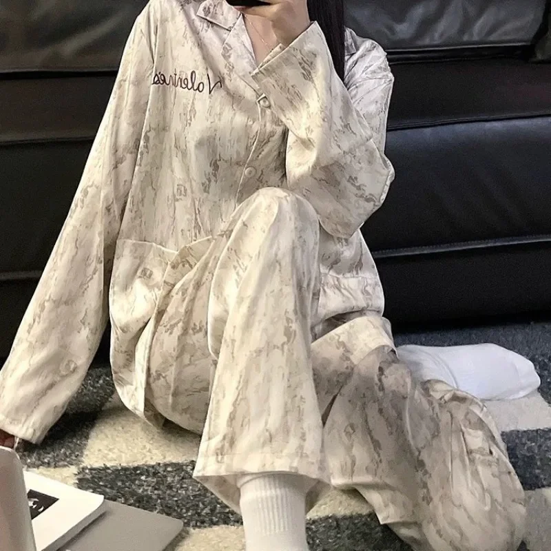 2024 New Spring Autumn New Ice Silk Pajamas Women's Two Piece Sleepwear Set Long Sleeve V-neck Girls' Homewear Thin Loungewear