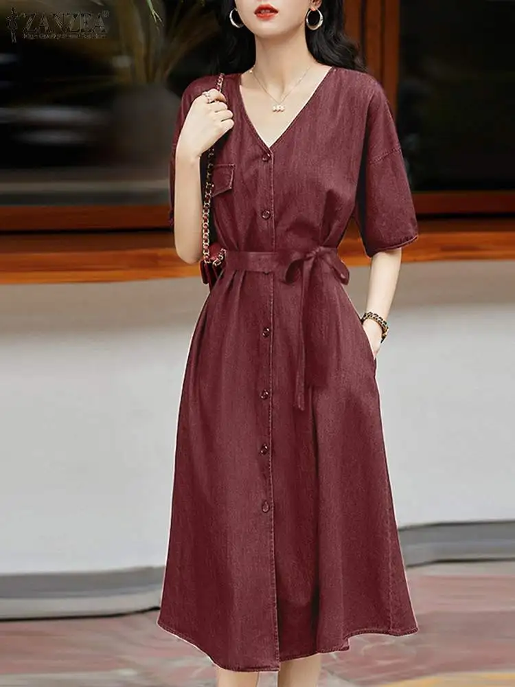 

ZANZEA Women Summer Long Dress Elegant Short Sleeve V Neck Sundress Casual Kaftan Midi Dresses 2024 Fashion Denim Belted Robes