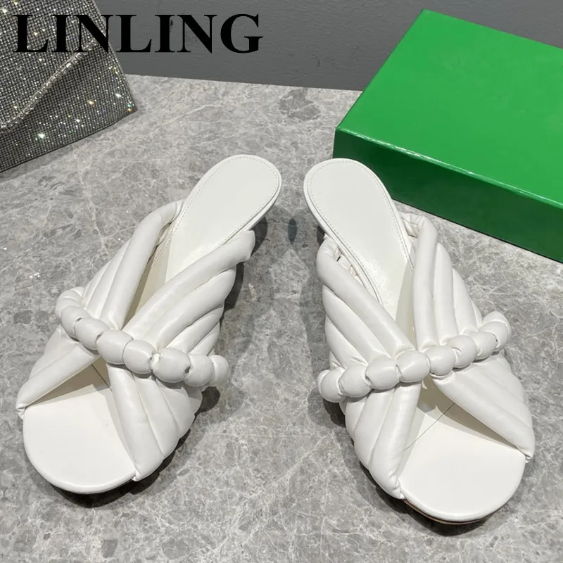 

New Fashion Weaving Summer Slippers Women Casual Open Toe Kitten Sandals Women Soft Beach Slides Shoes Woman flip flops 2023