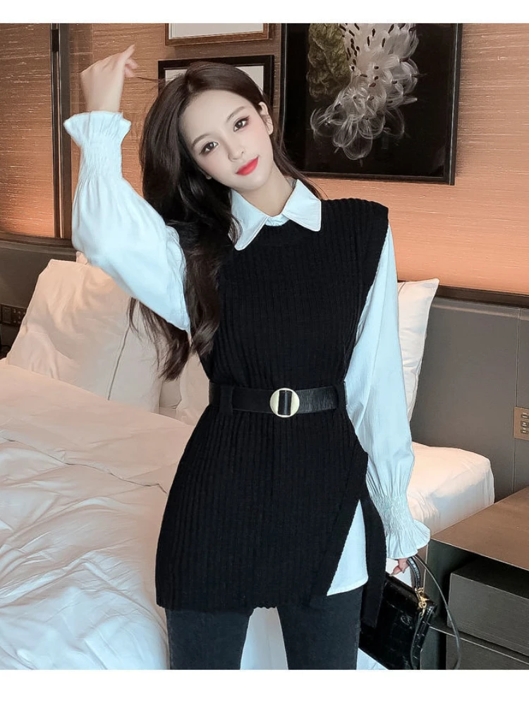 

Fashion Women Sweaters 2023 Autumn Winter Casual Blouse Sweater Vest Two Piece Set Korean Fashion Knitwears Sets Temperament Top