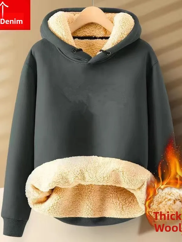 Thiened Lamb Velvet Hoodie Men's Overhead Pure Color Student Warm Top Fce Lined Base irt Trendy Winter Casual Wear