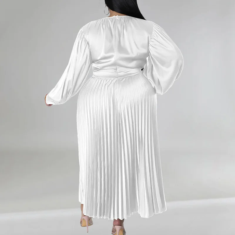 Plus Size Clothes Women Silk Like Fabric Pleat Fairy Skirt Fashion Autumn Winter Round Neck Solid Long Sleeve Party Maxi Dress