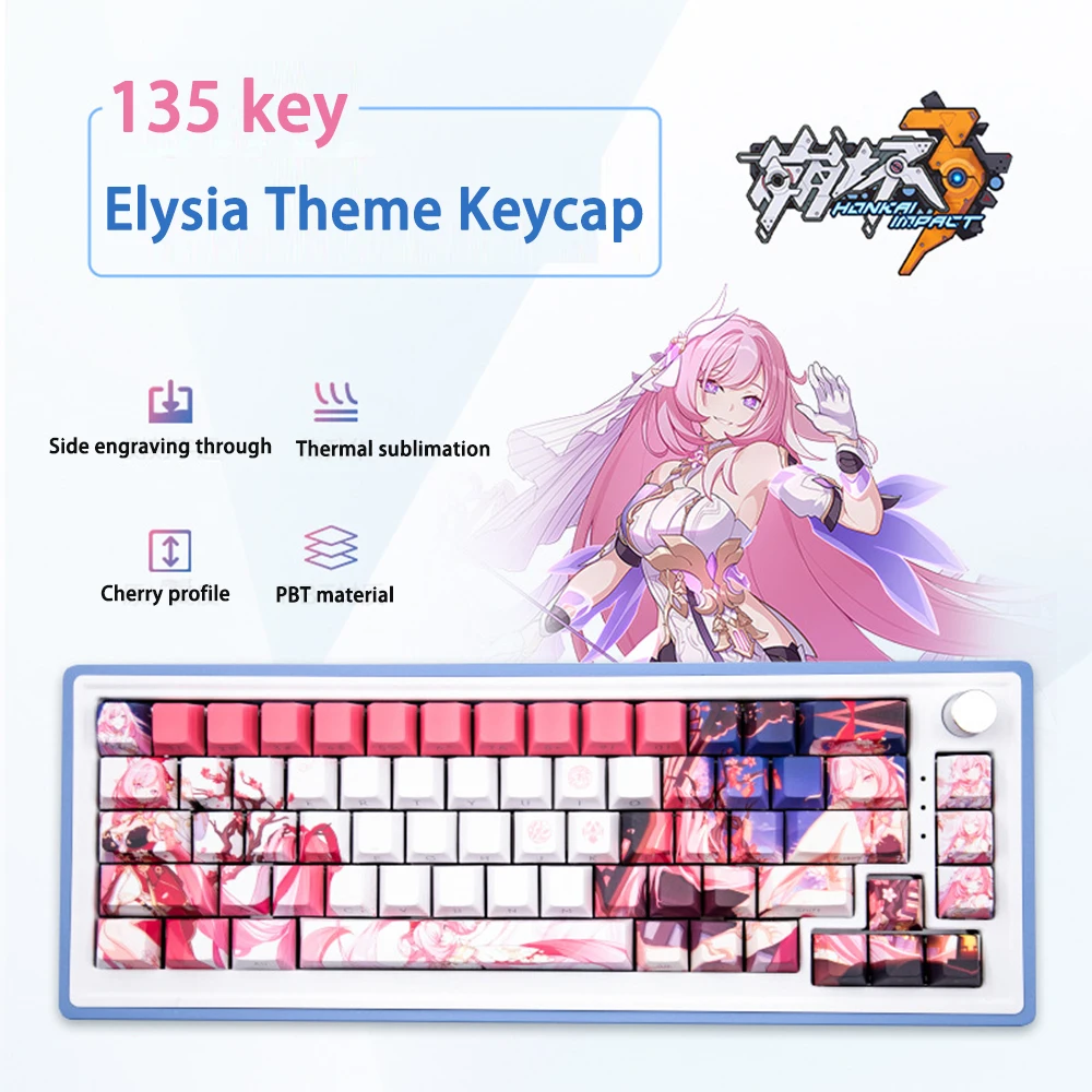 Anime Gaming Elysia Keycaps Grupo Pbt Dye Subbed Cereja Perfil Keycap para Honkai Impact Keychron Game Player 135 Chaves - Imagem 3