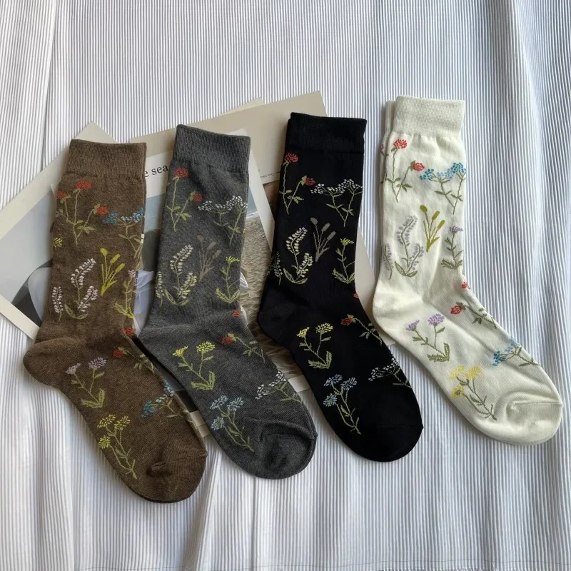 

Elegant Retro Cute Combed Cotton Split Toe Woman Socks Plant Floral Patterns Soft Two-Toed Japanese Harajuku Women's Tabi Sox