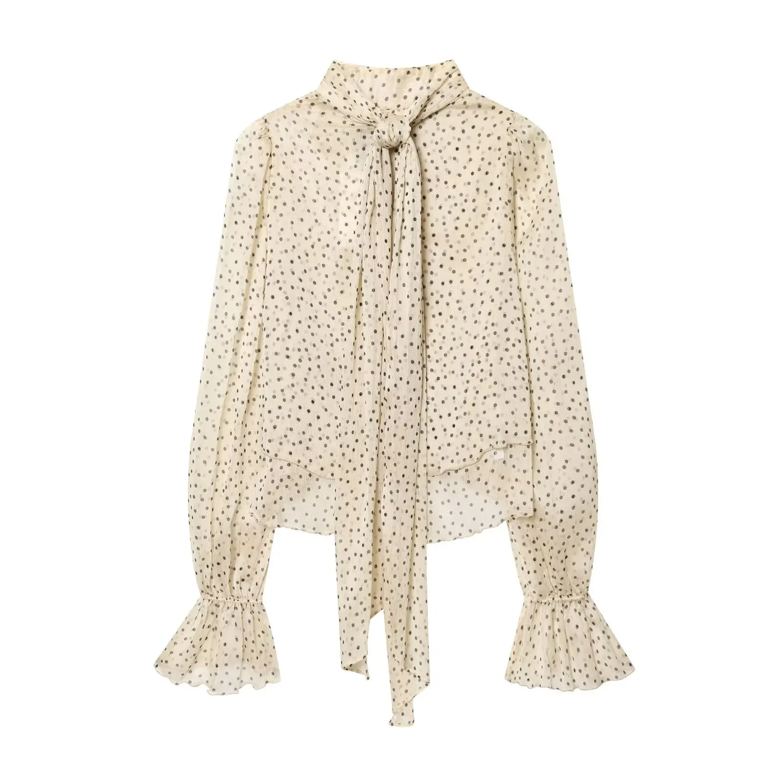 TFAFXY 2026 Spring Polka Dot Printed Women Translucent Blouse Long Sleeve Scarf Collar Loose Shirt Female Casual Top