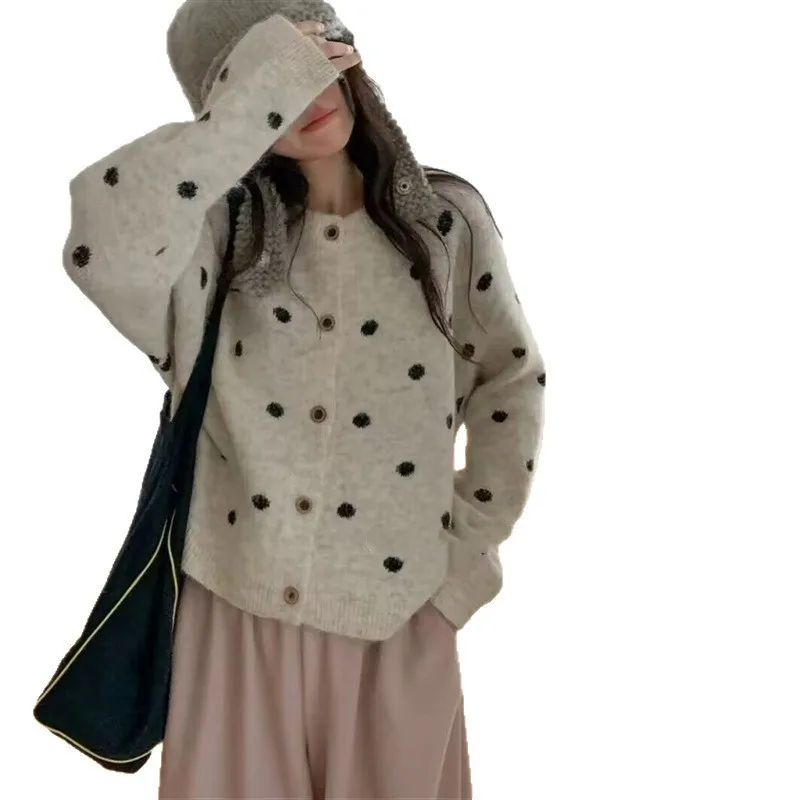 Small Dot Print Knitted Sweater Autumn Spring Long Sleeve Cardigan