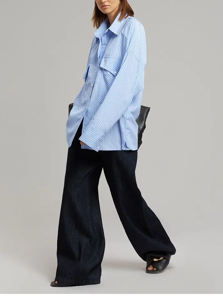 

Женская хлопковая рубашка в полоску, свободная однобортная рубашка с отложным воротником и двумя большими карманами, модель 2023