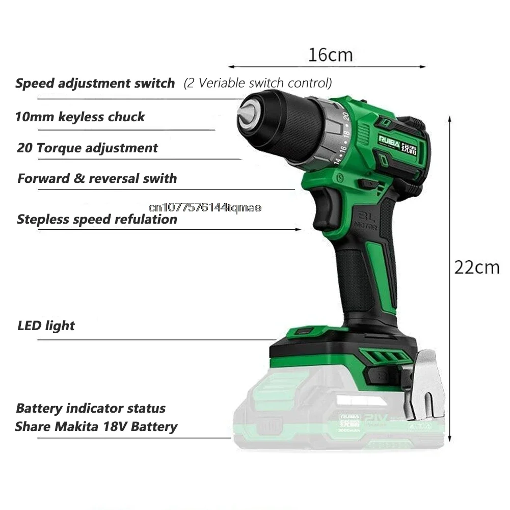 RUIBA 브러시리스 드릴 무선 스크루 드라이버, 2200rpm, 50N.m 토크, 무선 전력, Makita 18V 리튬 배터리 도구