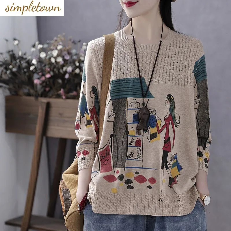 

2023 Spring and Autumn New Vintage Art Style 3/4 Sleeve Printed Knitwear Women's Loose Pullover Knitwear Top