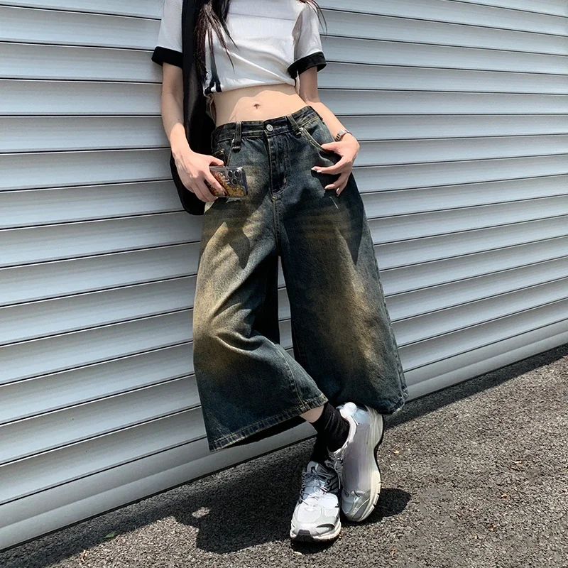 New 2024 Streetwear Y2k Style Baggy Denim Shorts Women Wide Leg Short Pants Fashion High Waisted Wash Knee Length Jeans Female