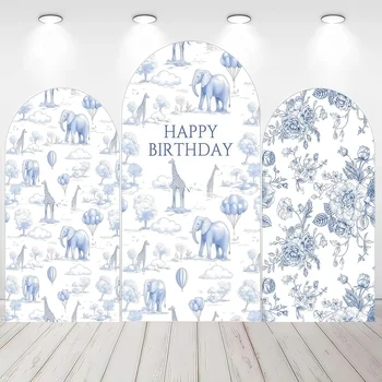 Blue Safari Floral Arch Backdrop Elephant Giraffe Pattern Decor Happy Birthday For Kids Party Photo Booth Background Decoration 1