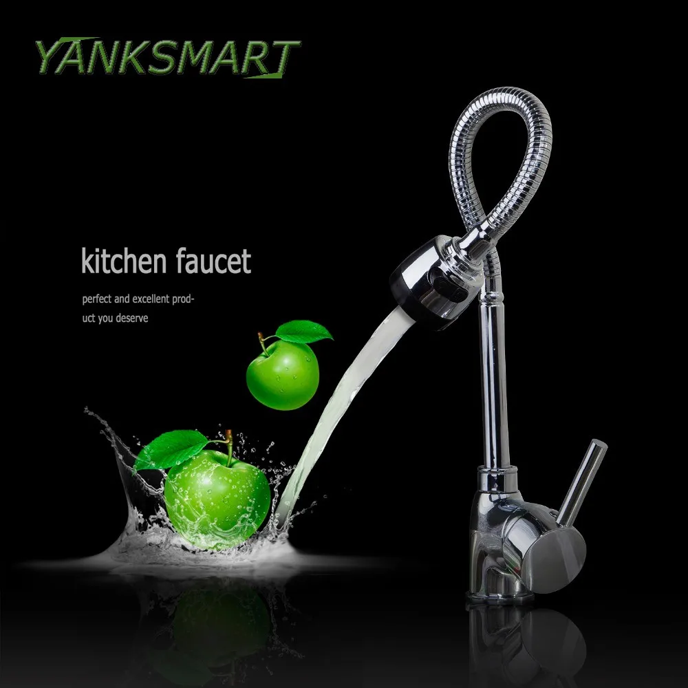 

YANKSMART Chrome Swivel Spout Kitchen Basin Sink Faucets Ceramic Plate Spool Faucet Cold & Hot Water Mixer Tap Deck Mounted Taps