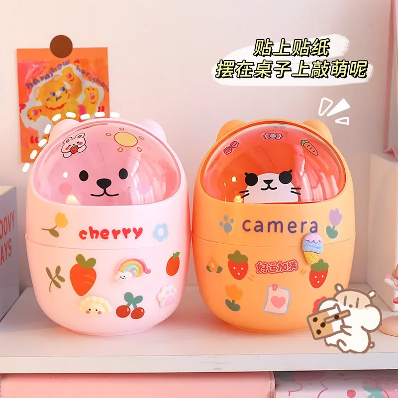 Ins 데스크탑 정리함 뚜껑이 달린 귀여운 곰 쓰레기통 보관함, 여아용 펜꽂이 보관 양동이, 플립 탑