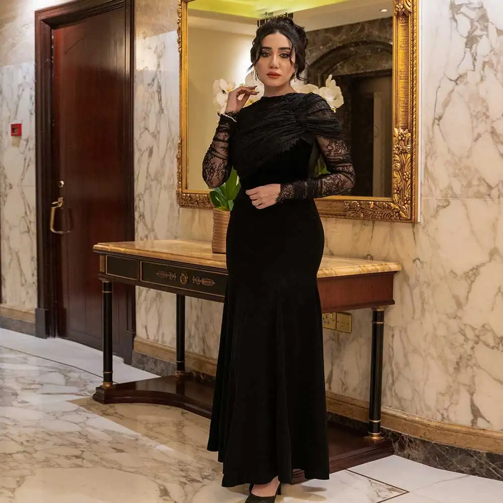 

Exquisite Mermaid Evening Dress Patchwork Crew-Neck Lace Long Sleeved Draped Dubai Arab Women's Formal Occasion Solemn Prom Gown