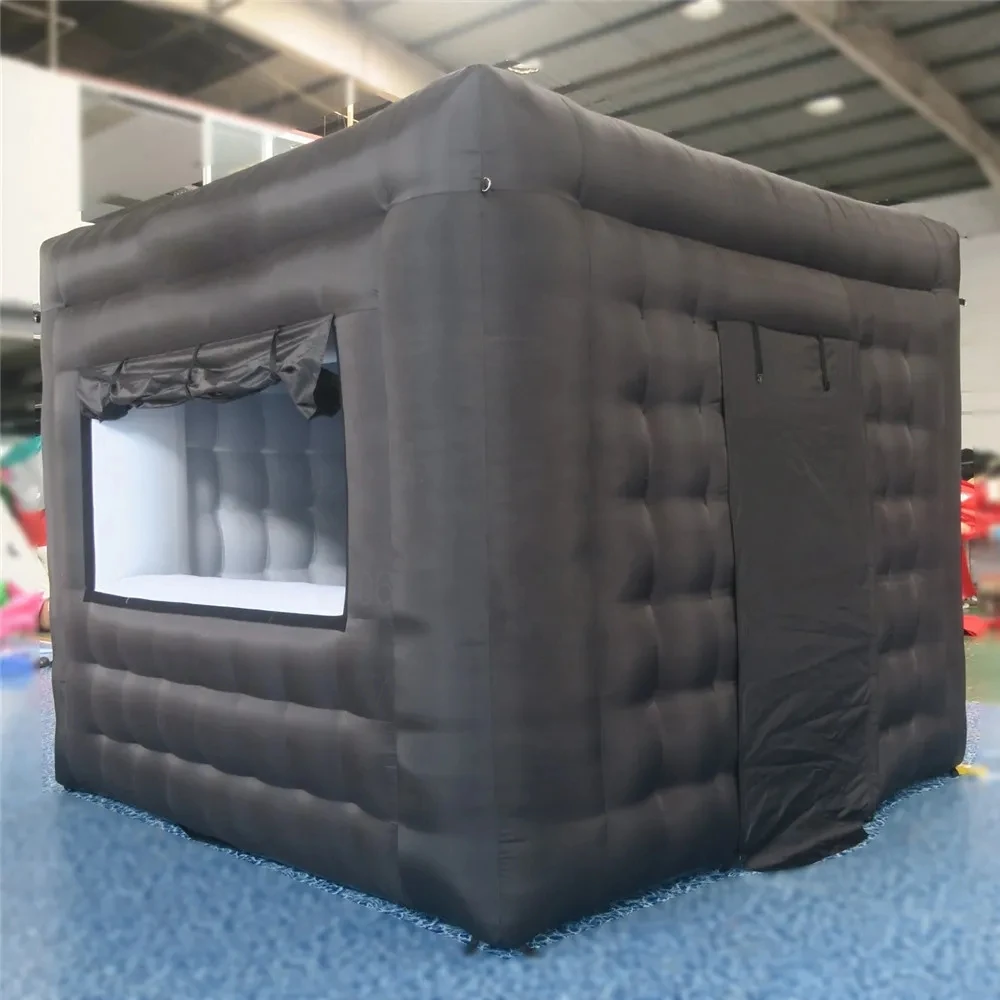 

Concession Booth Inflatable Carnival Tent Sell Stand Ticket Black Cube Kiosk With Windows And Doors For Cotton Popcorn Icecream