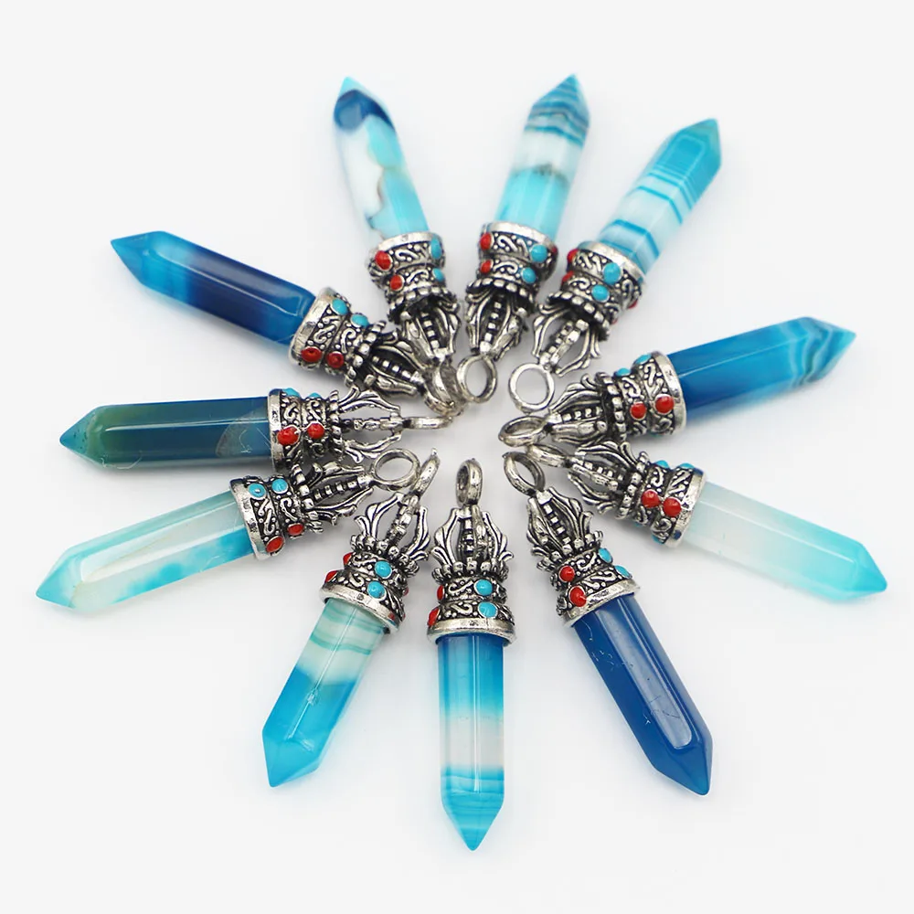 Free Shipping Natural Stone Hexagon Column Silver Crown Necklace Pendant Unisex Accessories DIY Jewelry Making Wholesale 20P/Lot