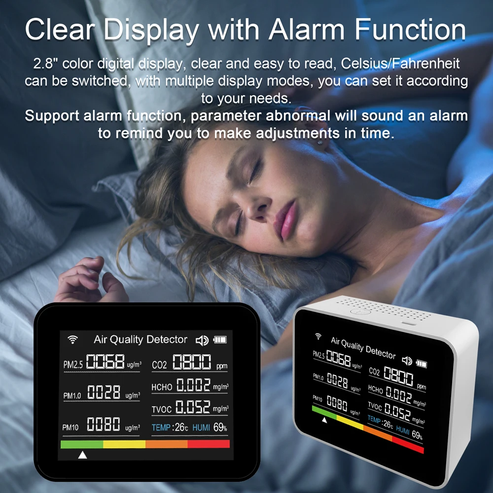 A woman is laying in bed with an indoor environment with the smart air quality tester to ensure the indoor air quality is good..