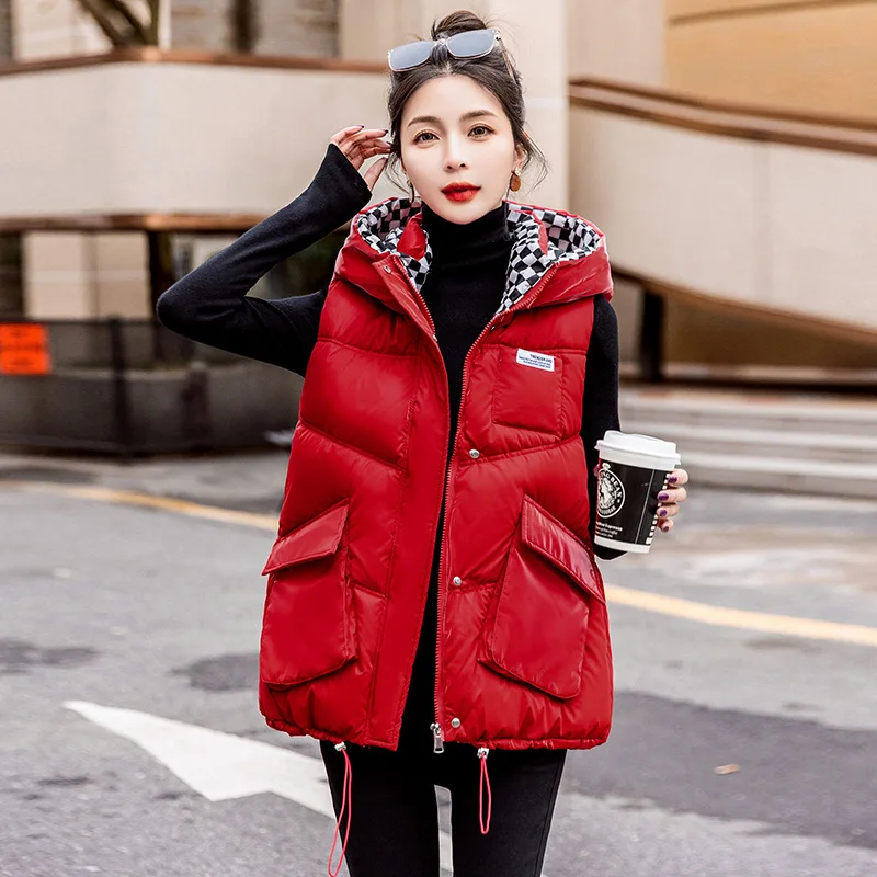 Winter Thick Warm Down Cotton Hooded Vest Women Windproof Sleeveless Cardigan Zipper Pocket Korean Parkas Vests Loose Outerwear