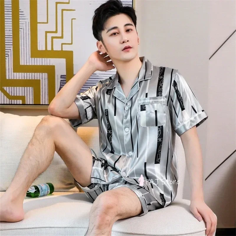 Large Size 5XL Men's Pajama Short's For Summer Satin Set Silk Sleepwear Male Pijama Casual Home Clothes Pyjama Homme Pijamas silk pajamas,man pajamas set,satin pajama set