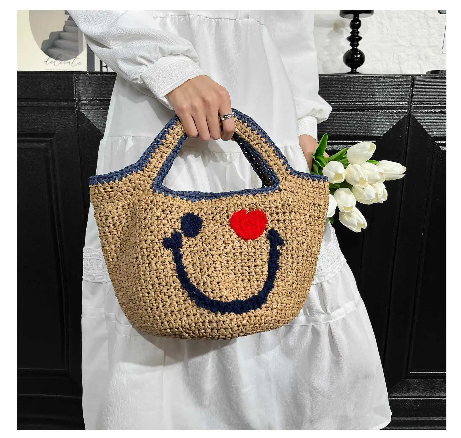 Neue Ankunft Stroh gewebte Handtasche süßes lächelndes Gesicht Eimer gestrickte Tasche Sommer Strand Top-Griff Totes Damen Reise Einkaufen Geldbörse – Detail 12
