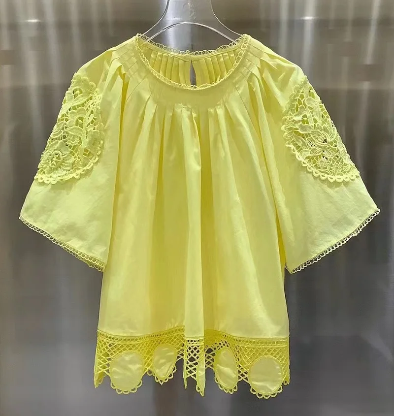 

Blusas Feminino 2023 Summer Fashion Yellow Blue Tops High Quality Cotton Ladies Lace Embroidery Short Sleeve Casual Vintage Top