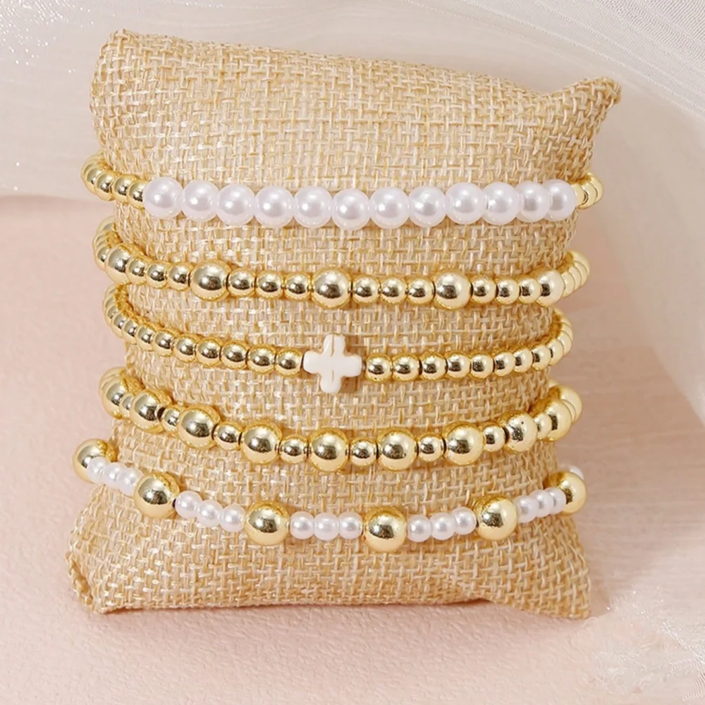 5 Teile/satz Böhmen Goldene Perlen Armbänder Für Frauen Künstliche Perlen Stapelbare Stretch Perle Ball Armband Kreuz Schmuck Set Geschenk