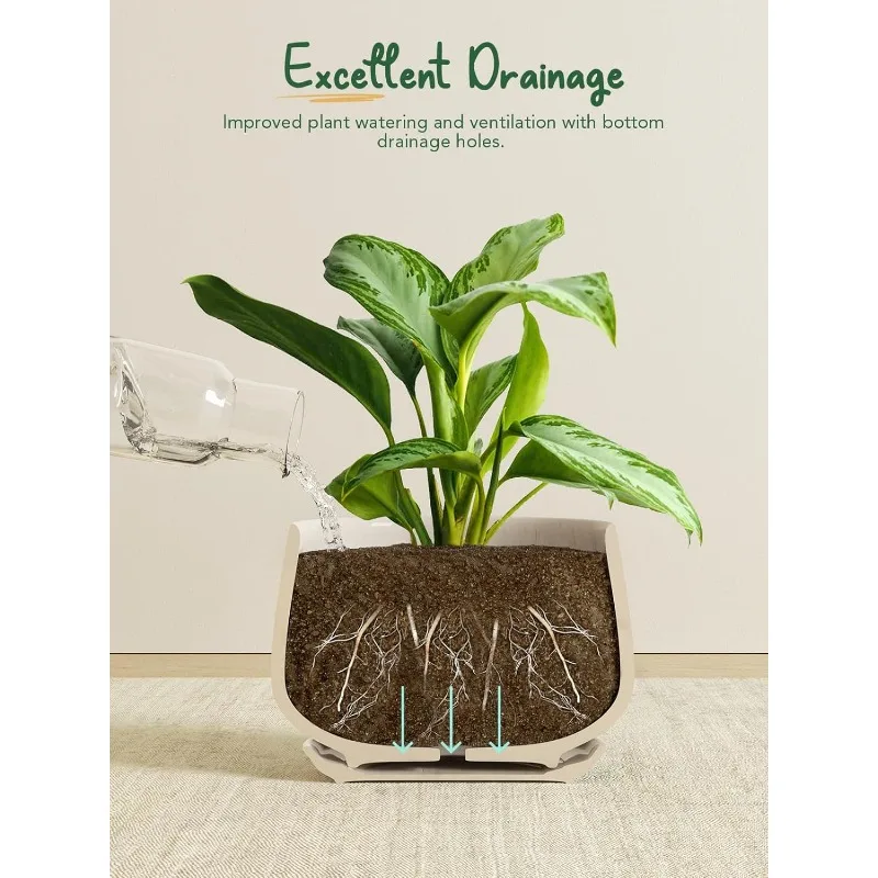 Plant Pots, 4.1+5.1+6.5 inch, Set of 3, Ceramic Planters with Drainage Hole and Saucer, Indoor Flower Pot with Hole Mesh Pad 4