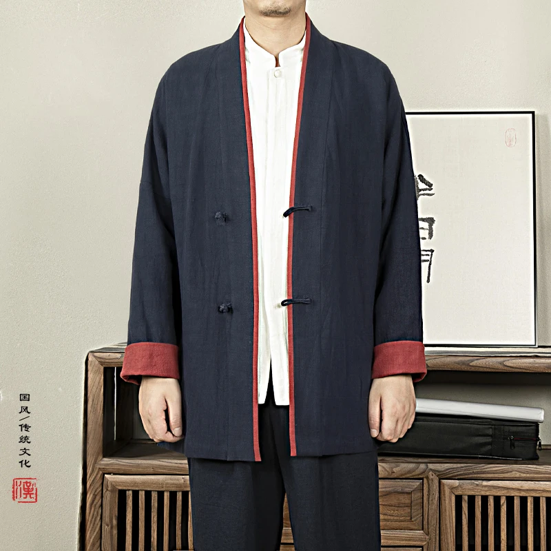 

Improve Hanfu Taoist Robe Men Japanese Kimono Robe Top Chinese Style Cotton Linen Tang Suit Casual Cardigan Streetwear Jacket