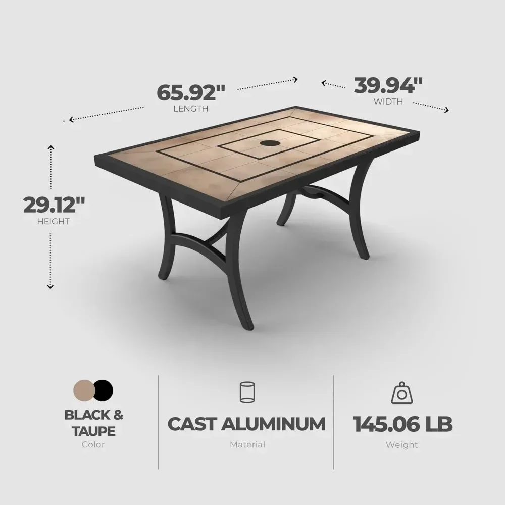 Highland 40 by 66 Inch Al Fresco Dining Table with Grouted Wood Look Tile Top and Cast Aluminum Frames, Black/Taupe 5