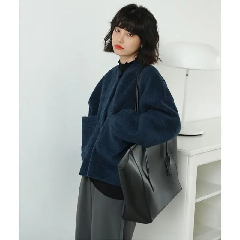 Autumn Winter New Loose Korean Short Coats Long Sleeve Button Solid All-match Pocket Cardigan Top Trend Casual Women Clothing