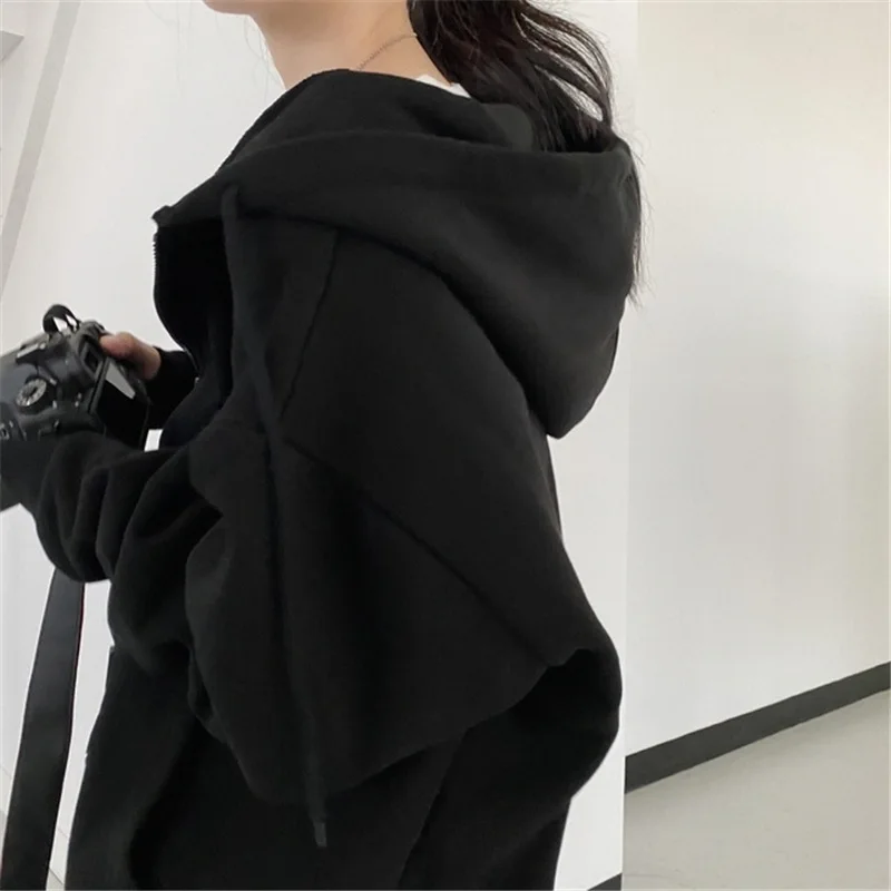 2023 Autumn Winter New Solid Color Hooded Long Sleeve Zipper Cardigan Women Loose Comfortable Plus Velvet All-match Outwear