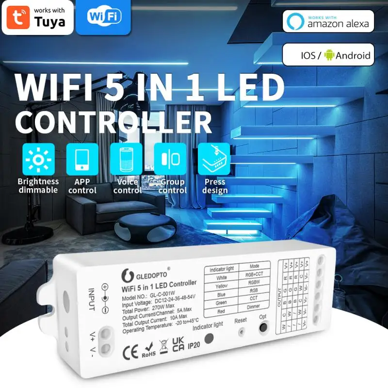 

Voice Control Wifi Led Controller Adjust Brightness Switch 5 In 1 Smart Home Rf Remote Strip Light Controller Tuya