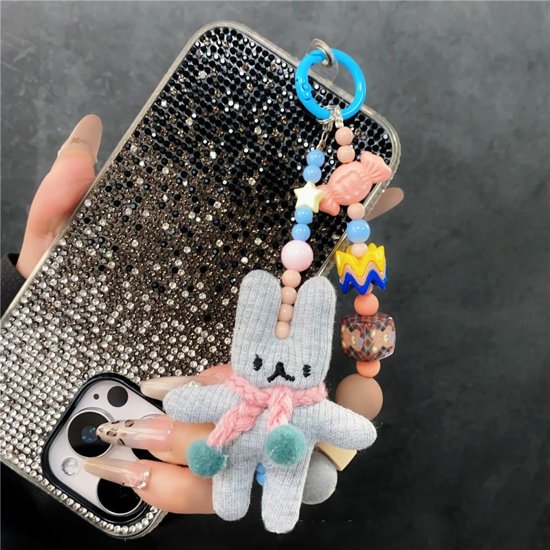 수제 DIY 토끼 모바일 폰 체인 참 휴대폰 끈 펜던트 가스켓 클립 비즈 가방 폰 팔찌