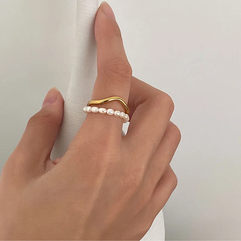 Minar INS Fashion Natural Freshwater Pearl Charm Rings Women Double Layered Gold Color Metal Irregular Geometrical Open Ring fashion rings gold rings fashion ring finger rings metal rings pearl finger ring