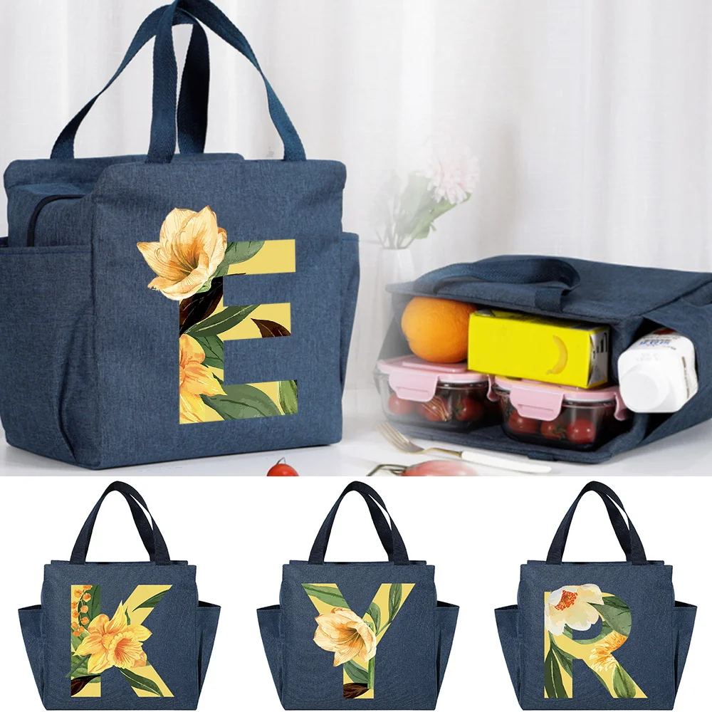 Portable Lunch Bag Thermal Insulated Lunch Box Tote Cooler Bag Bento Pouch Floral Letter Print Container School Food Storage Bag