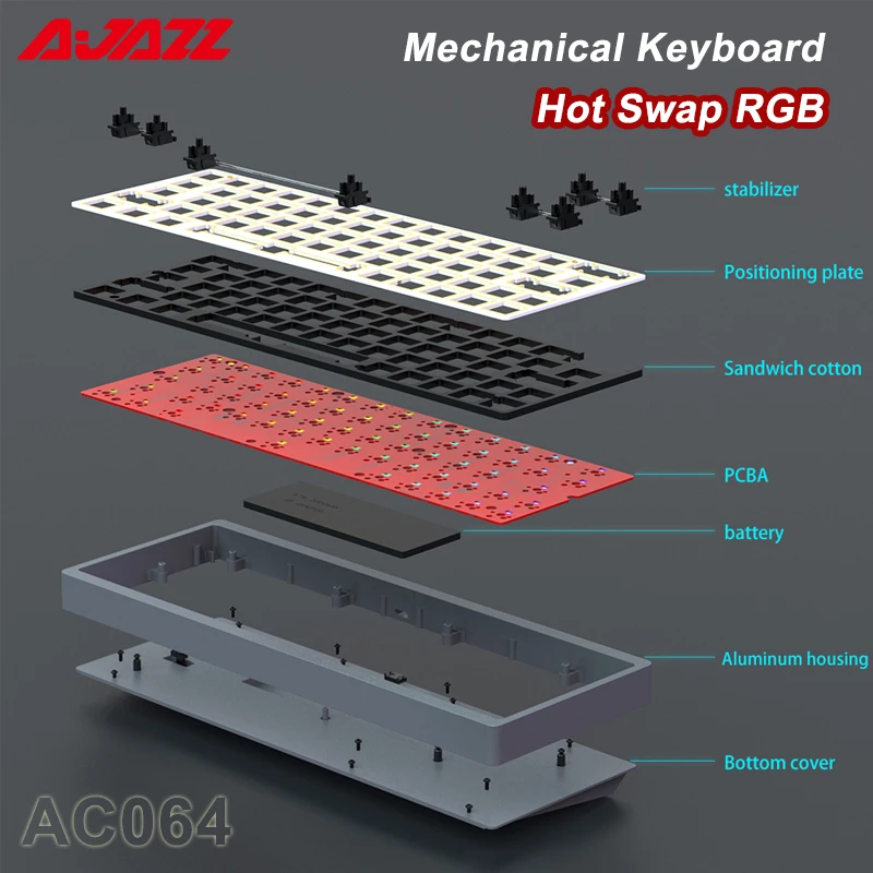 standard computer keyboard AJAZZ AC064 Hot Swap Gameing Mechanical Keyboard Kit Wireless Bluetooth 3 Mode RGB Backlit Compatible with 3/5 Pin Switch for PC standard computer keyboard