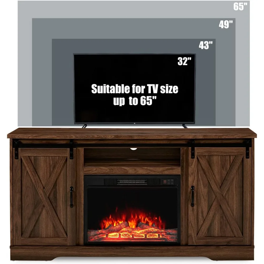 Fireplace TV Stand with Sliding Barn Door for TVs up to 65", Farmhouse 59" Fireplace Entertainment Center with Storage Cabinets 3