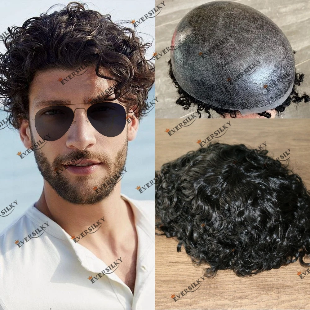 

Human Hair Toupee Natural Curly Hairstyle for Men 25mm Permanent Curl Skin Base Men's Wig Durable PU Base Hair Replacement Unit