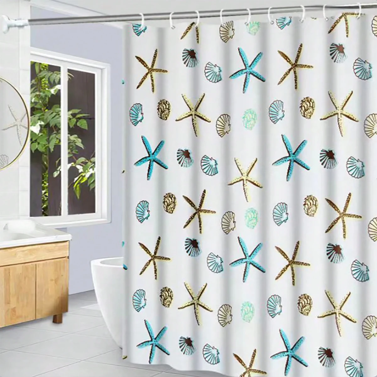 불가사리 쉘 패턴 플라스틱 소재 샤워 커튼, 방수 천, 욕실 두꺼운 곰팡이 방지 파티션 커튼, 욕실 방수 파티션 장식 커튼, 1 팩