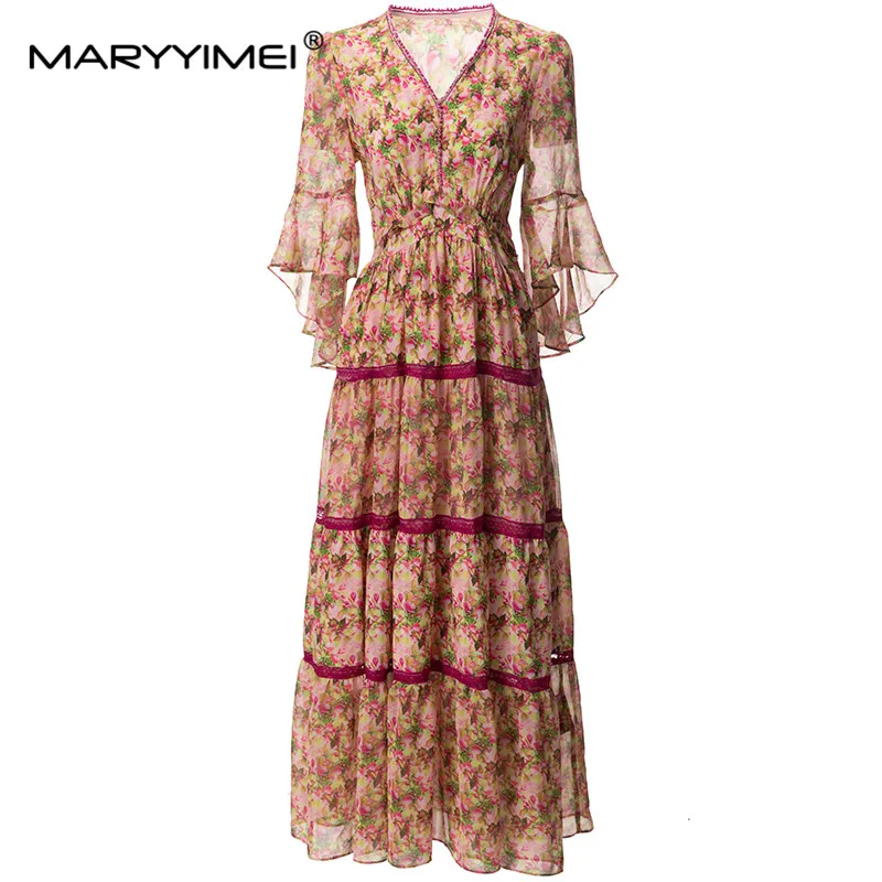 

MARYYIMEI Fashion Designer spring Summer Women's V-Neck Flare Sleeve Striped Lace-UP Elegant Holiday Dresses