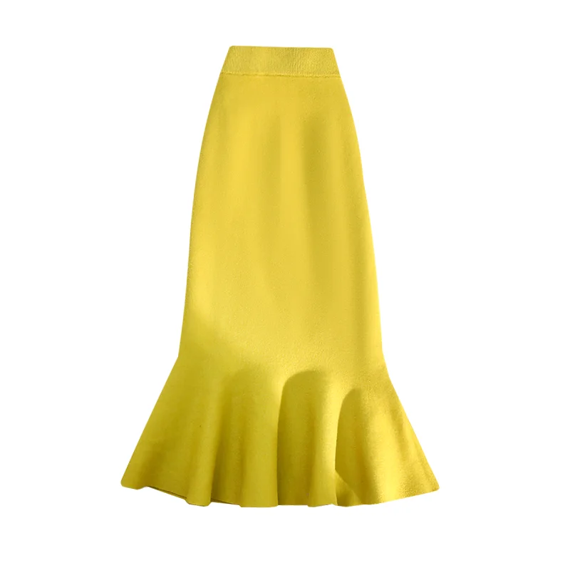Boho Harajuku Knitted Maxi Long Street Trumpet Mermaid Yellow Cute High Waist A Line Midi Faldas Largas Mujer Retro Ladies Skirt