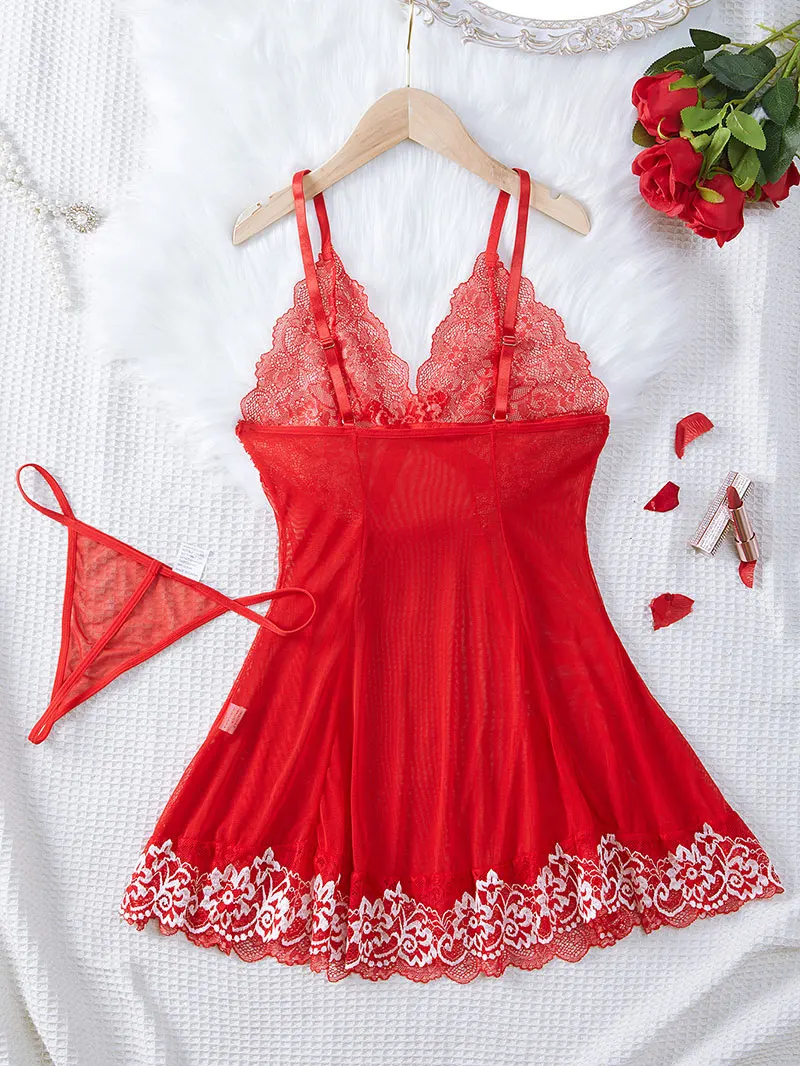 Transparent Summer Sexy Solid Slip Nightdress Contrast Lace Round Neck Backless Sleep Mini Dress Women's Sleepwear & Dresses