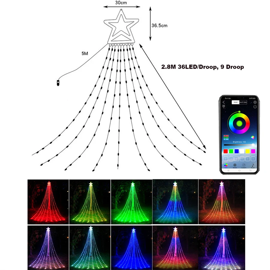 Cadena de luces navideñas con forma de cascada y forma de estrella de carámbano, RGBIC, con control por aplicación inteligente, 304 luces, 9 x 3 m