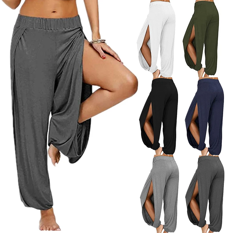 

Summer High Slit Harem Pants Sport Leggings Women Gym Clothing Casual Solid Hollow Elastic Waist Workout Wide Leg Pants Trousers