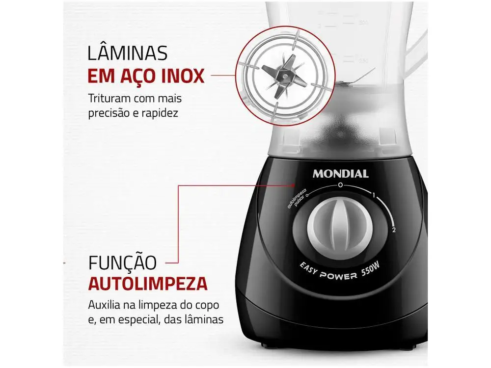 Liquidificador Mondial Easy Power L-550-W Preto 2 Velocidades 550W - 220V 6
